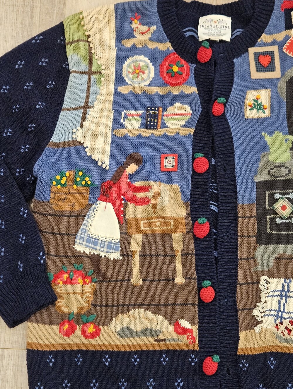 VTG 1995 Susan Bristol Cardigan Sweater Medium Folk Art Kitchen Art To Wear - Picture 2 of 11